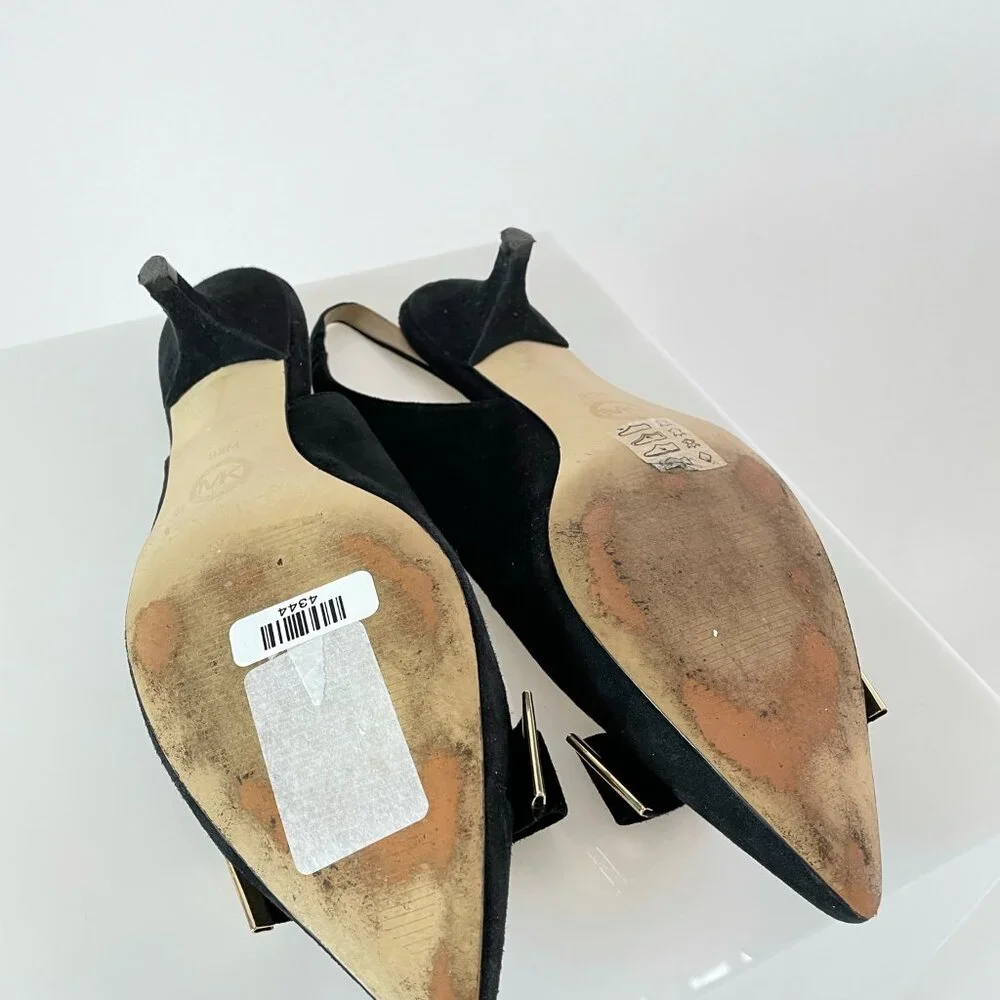 Minimalist | Michael Kors Black Suede Kitten Heel | Feminine Bow Gold Detail 9.5